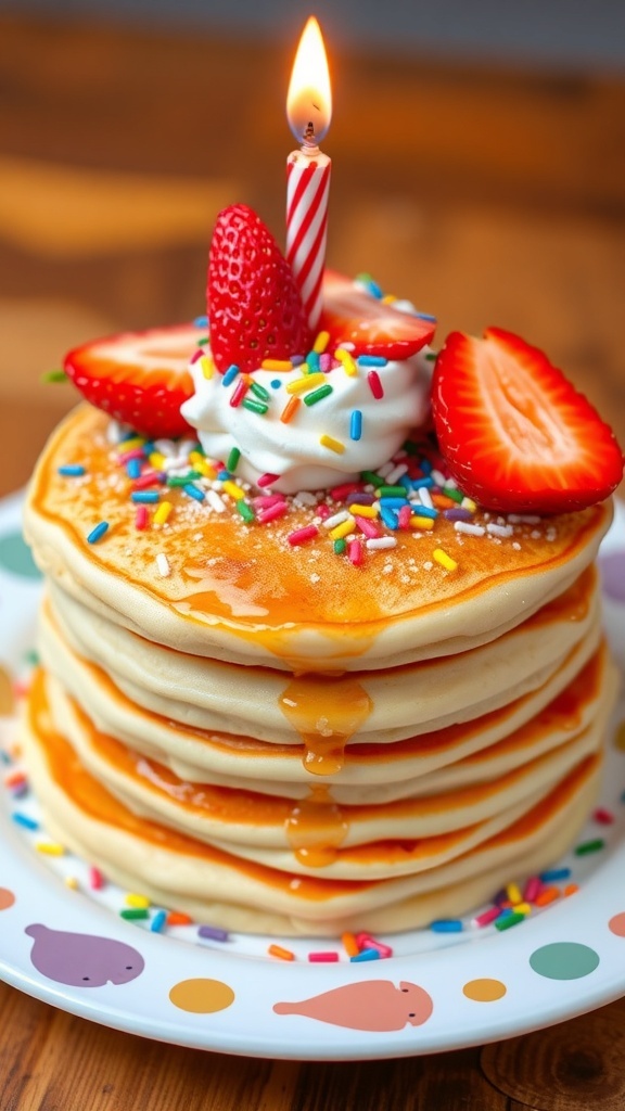 A stack of birthday pancakes with sprinkles and whipped cream, garnished with strawberries and a candle.
